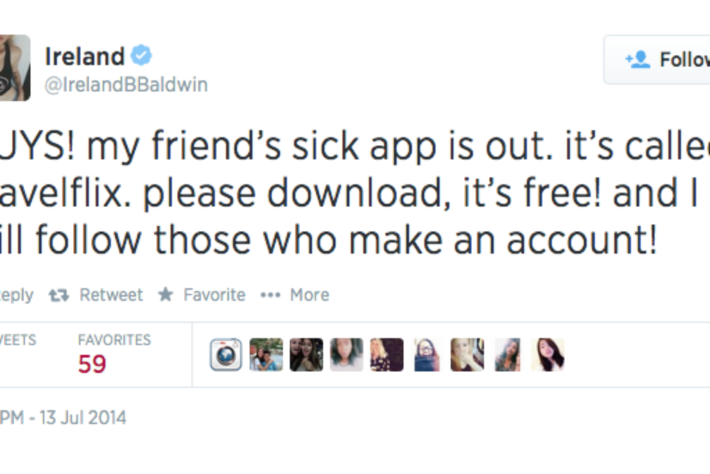Ireland Baldwin tweets Travelflix App